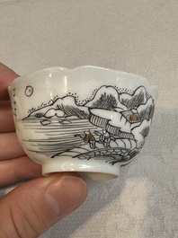 A set of four Chinese gilt-decorated grisaille 'landscape' cups and saucers, Yongzheng/Qianlong