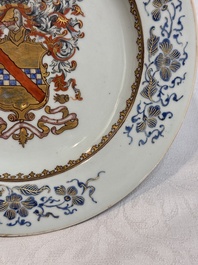 A pair of Chinese gilt-decorated famille rose armorial plates with the arms of Stewart, Qianlong, c. 1740