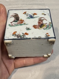 A pair of Chinese famille verte rectangular tea caddies and covers with fighting roosters, Kangxi