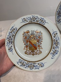A pair of Chinese gilt-decorated famille rose armorial plates with the arms of Stewart, Qianlong, c. 1740