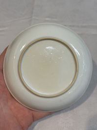 Two Chinese gilt-decorated grisaille 'European subject' cups and saucers, Qianlong