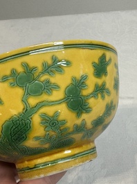 A Chinese yellow-ground 'birds and peaches' bowl, Guangxu mark and possibly of the period
