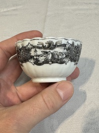 Two Chinese gilt-decorated grisaille 'European subject' cups and saucers, Qianlong