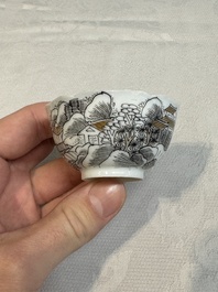 A set of four Chinese gilt-decorated grisaille 'landscape' cups and saucers, Yongzheng/Qianlong