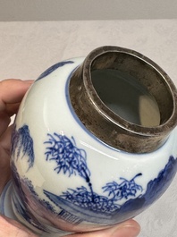 A Chinese silver-mounted blue and white vase, Qing Wan Ya Zhi 清玩雅製 mark, Kangxi
