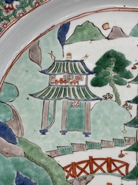 A Chinese famille verte 'river landscape' dish, lozenge mark, Kangxi
