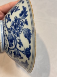 A Chinese blue and white 'peony scroll' bowl, Chenghua mark, Shunzhi/Kangxi