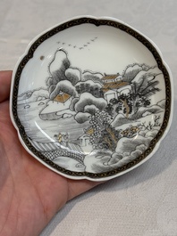 A set of four Chinese gilt-decorated grisaille 'landscape' cups and saucers, Yongzheng/Qianlong