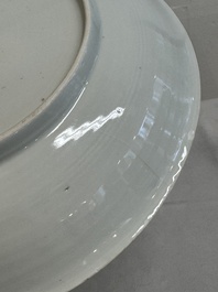 Two Chinese famille verte 'flower basket' dishes and a plate, Kangxi