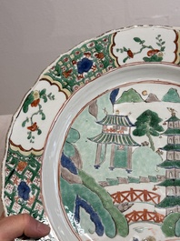 A Chinese famille verte 'river landscape' dish, lozenge mark, Kangxi