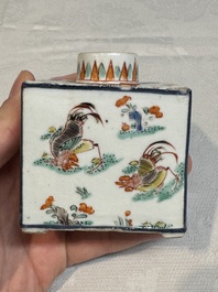 A pair of Chinese famille verte rectangular tea caddies and covers with fighting roosters, Kangxi