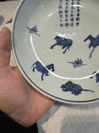 A Chinese blue and white ko-sometsuke 'horses and poem' plate for the Japanese market, Tianqi