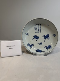 A Chinese blue and white ko-sometsuke 'horses and poem' plate for the Japanese market, Tianqi