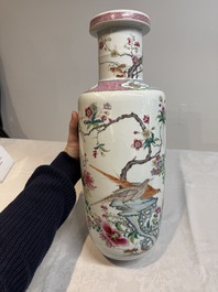 A Chinese famille rose 'pheasants and flowers' rouleau vase, 19th C.