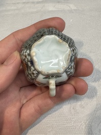 Two small Chinese famille verte handled cups with 'prunus on cracked ice' and 'shou' design, Kangxi