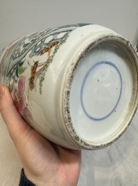 A Chinese famille rose 'pheasants and flowers' rouleau vase, 19th C.