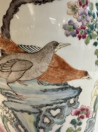 A Chinese famille rose 'pheasants and flowers' rouleau vase, 19th C.