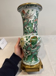 A Chinese famille verte gilt-bronze-mounted 'yenyen' vase with pheasants among flowering branches, Kangxi