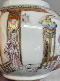 A Chinese famille rose gilt-decorated teapot and cover with figural design, Yongzheng