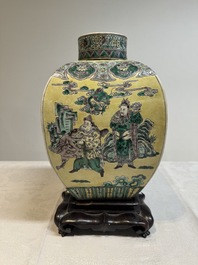 A pair of Chinese verte biscuit covered square jars on wooden stand, 19th C.