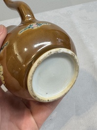 A Chinese famille rose capucin-brown-ground 'Magu' ewer and cover, Yongzheng/Qianlong