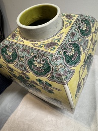 A pair of Chinese verte biscuit covered square jars on wooden stand, 19th C.