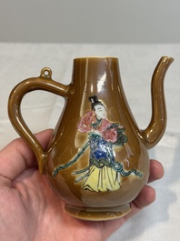 A Chinese famille rose capucin-brown-ground 'Magu' ewer and cover, Yongzheng/Qianlong
