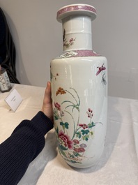 A Chinese famille rose 'pheasants and flowers' rouleau vase, 19th C.