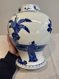A Chinese blue and white vase with narrative design, 19th C.