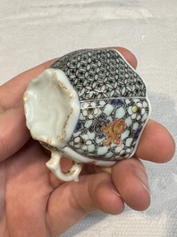 Two small Chinese famille verte handled cups with 'prunus on cracked ice' and 'shou' design, Kangxi