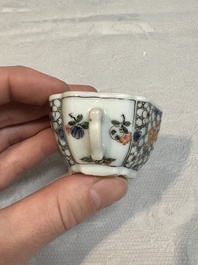 Two small Chinese famille verte handled cups with 'prunus on cracked ice' and 'shou' design, Kangxi