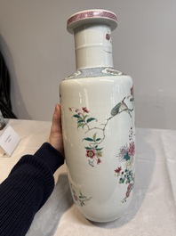 A Chinese famille rose 'pheasants and flowers' rouleau vase, 19th C.