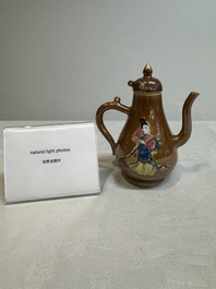 A Chinese famille rose capucin-brown-ground 'Magu' ewer and cover, Yongzheng/Qianlong