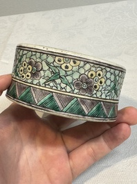 A pair of Chinese verte biscuit covered square jars on wooden stand, 19th C.