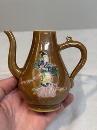 A Chinese famille rose capucin-brown-ground 'Magu' ewer and cover, Yongzheng/Qianlong