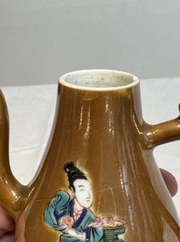 A Chinese famille rose capucin-brown-ground 'Magu' ewer and cover, Yongzheng/Qianlong