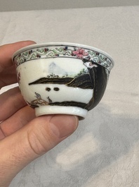A Chinese famille rose and grisaille 'mountainous landscape' cup and saucer, Yongzheng