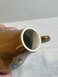 A Chinese famille rose capucin-brown-ground 'Magu' ewer and cover, Yongzheng/Qianlong