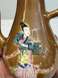 A Chinese famille rose capucin-brown-ground 'Magu' ewer and cover, Yongzheng/Qianlong