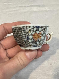 Two small Chinese famille verte handled cups with 'prunus on cracked ice' and 'shou' design, Kangxi