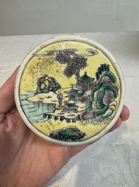 A pair of Chinese verte biscuit covered square jars on wooden stand, 19th C.