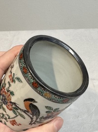 A Chinese famille verte 'bird and flowers' brush pot with silver mount, Kangxi