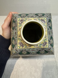 A pair of Chinese verte biscuit covered square jars on wooden stand, 19th C.