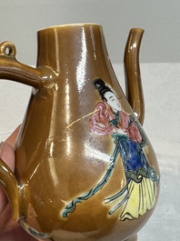 A Chinese famille rose capucin-brown-ground 'Magu' ewer and cover, Yongzheng/Qianlong