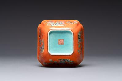 A Chinese coral-red-ground famille rose square bowl and a sgraffito-ruby-ground bowl, Qianlong and Tongzhi mark, 19/20th C.