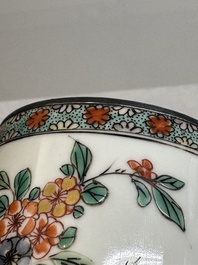 A Chinese famille verte 'bird and flowers' brush pot with silver mount, Kangxi