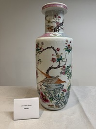 A Chinese famille rose 'pheasants and flowers' rouleau vase, 19th C.