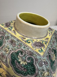 A pair of Chinese verte biscuit covered square jars on wooden stand, 19th C.
