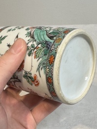 A Chinese famille verte 'bird and flowers' brush pot with silver mount, Kangxi