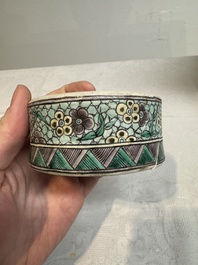 A pair of Chinese verte biscuit covered square jars on wooden stand, 19th C.